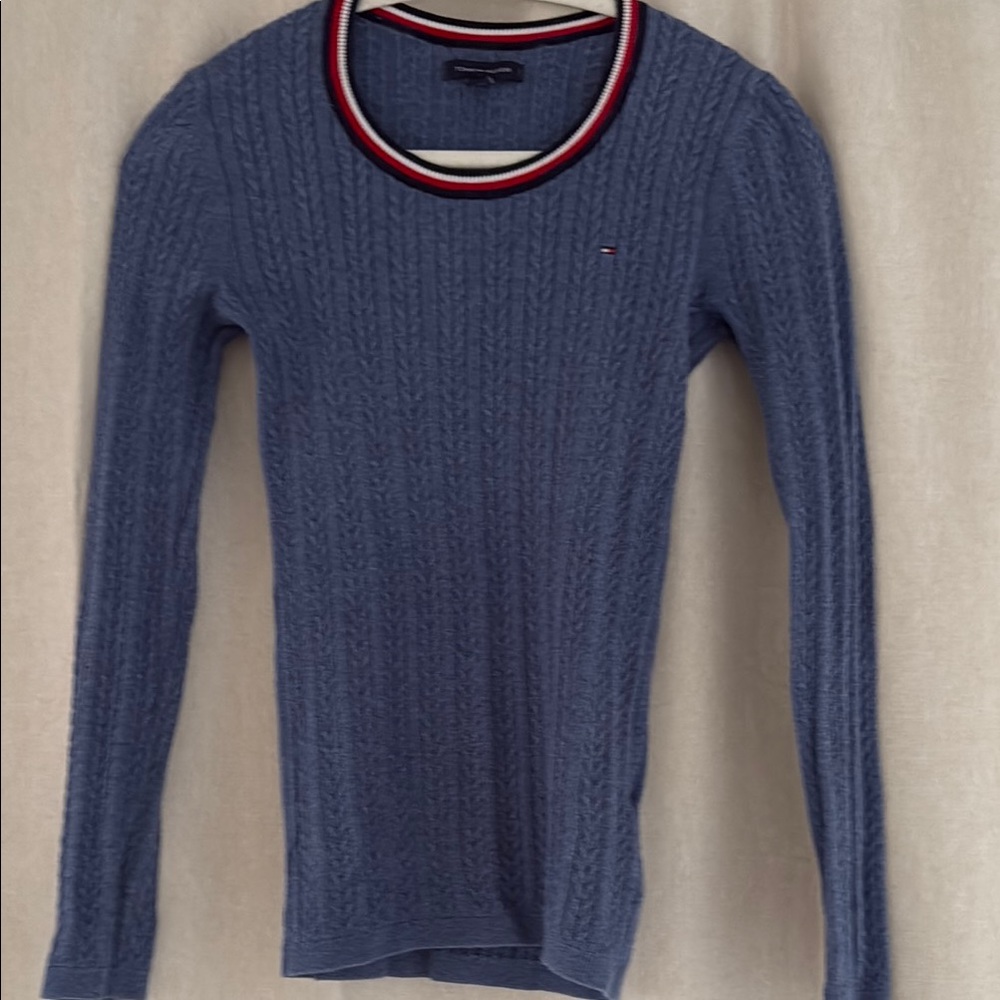 Tommy Hilfiger Blue Crew Neck Sweater with Striped Trim